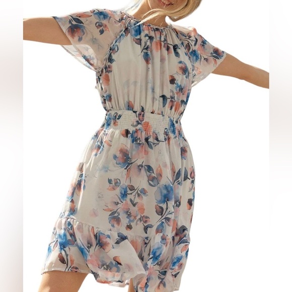 Lovestitch Short Sleeve Braided Collar Ruffle Hem Mini Dress - Blue White - Med - Picture 8 of 9